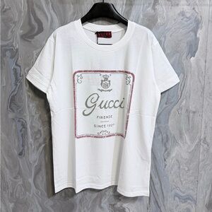 Gucci White Short Sleeve Logo Tee with Red and Silver Accent